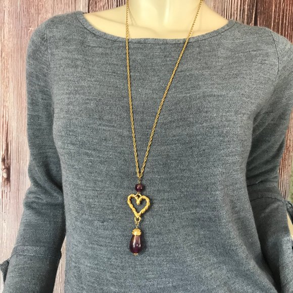 Avon Jewelry - Avon Gold-tone Necklace Heart Purple Beads